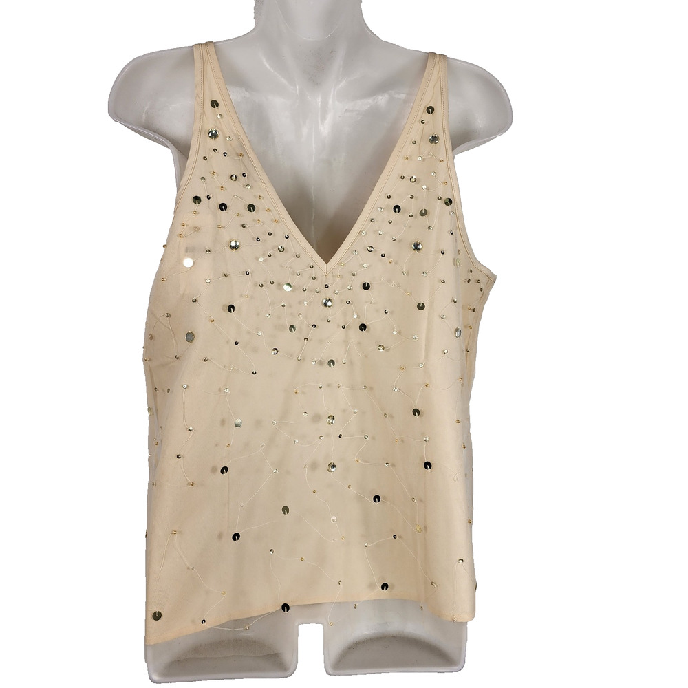 LOFT Women’s Embellished Double V Neck Tank Top Small Ecru Cloud Beige Relaxed - Picture 2 of 10